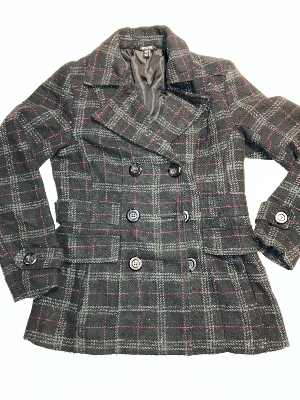 George Black & Gray Plaid Peacoat with Pink Windowpane